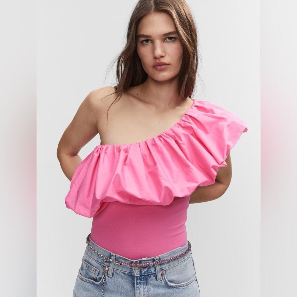 Mango Pink Asymmetric Bodysuit With Voluminous Ruffle